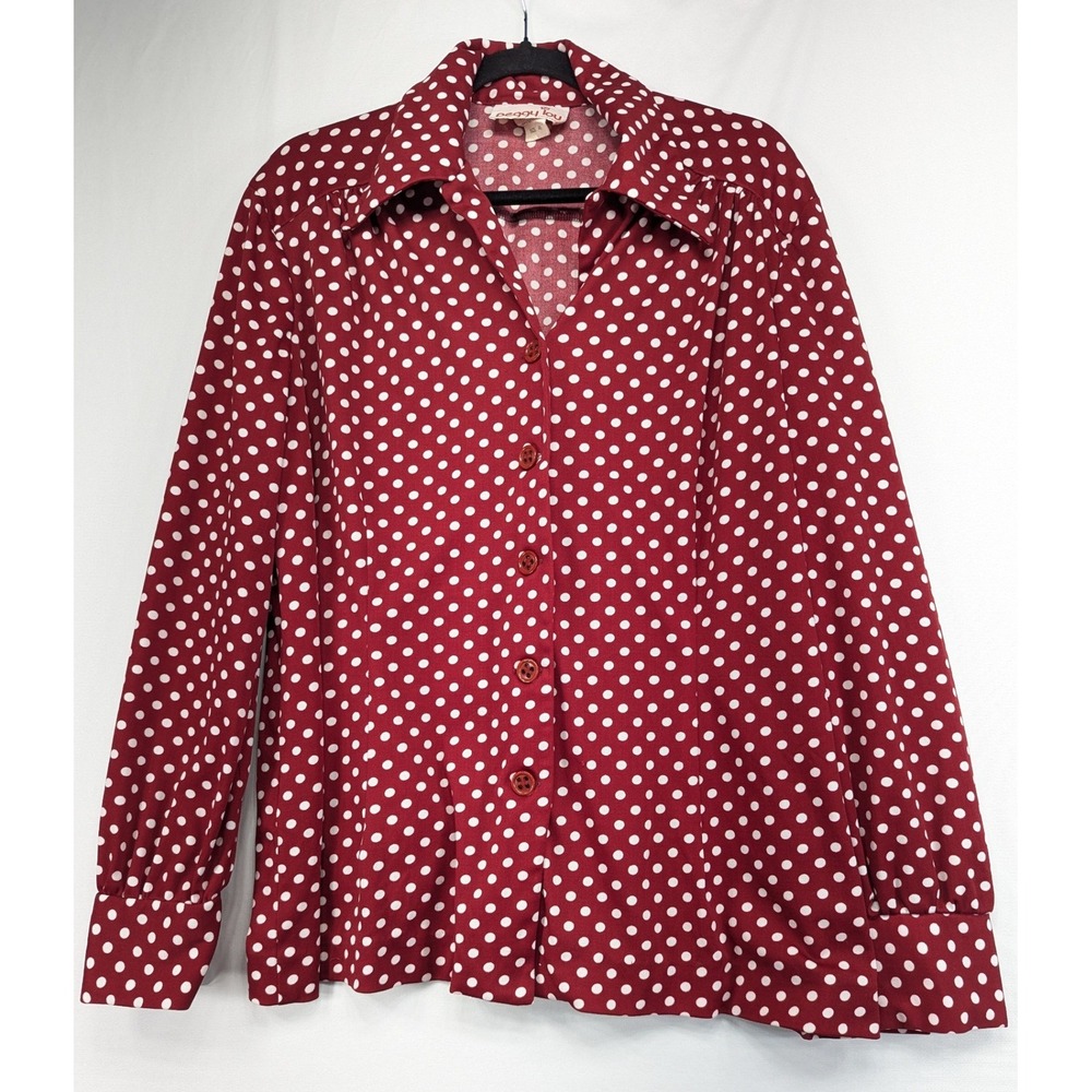 Peggy Lou California Vintage 70s Red Polka Dot Button Up Blouse Size 46 Long Slv